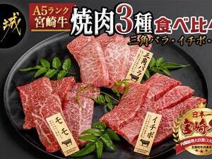 【A5】宮崎牛焼肉3種食べ比べセット【三角バラ・イチボ・モモ】